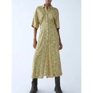 Zara Floral Printed Midi Shirt Dress Size M Yellow Boho Spring Summer Soft Girl